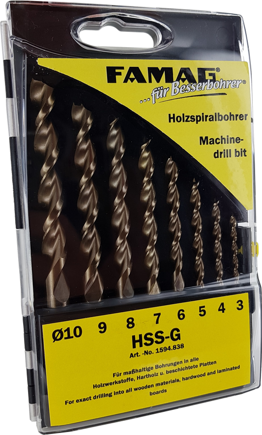 FAMAG Holzspiralbohrersatz HSS-G in Kunststoffkassette - 5-/8-/19-/25-teilig