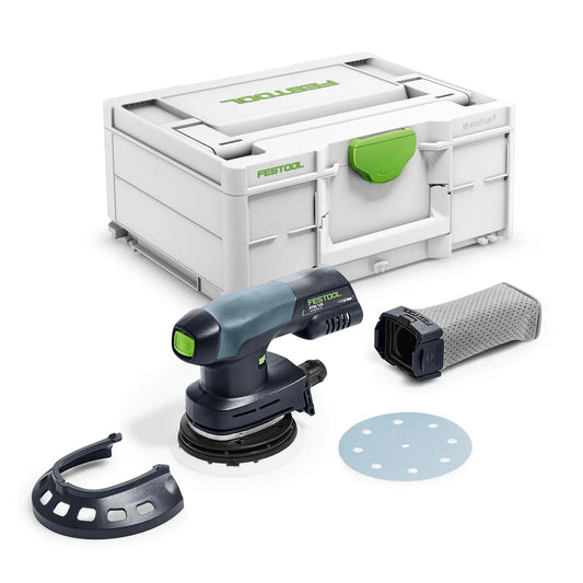 Festool ETSC 125 Akku-Exzenterschleifer mit Systainer, Schleifteller, Absaugadapter und Schleifmittel im Lieferumfang.