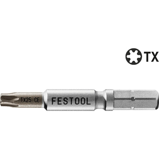Festool Bit TX25 CE CENTROTEC mit chemisch vernickelter Bitspitze, Chrombeschichtung und Magazinvorsatz-Kennzeichnung.
