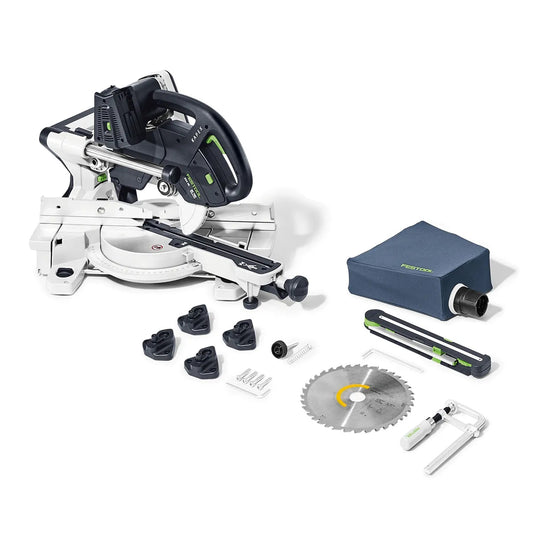 Festool KAPEX KSC 60 EB-Basic Akku-Kapp-Zugsäge mit Lieferumfang: Sägeblatt, Anschläge, Zubehör und Systainer.
