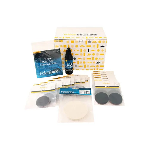 Mirka Glasschliff-Kit 77 mm Lieferumfang mit Schleiftellern, Poliertüchern, Reinigungsmittel und Zubehör