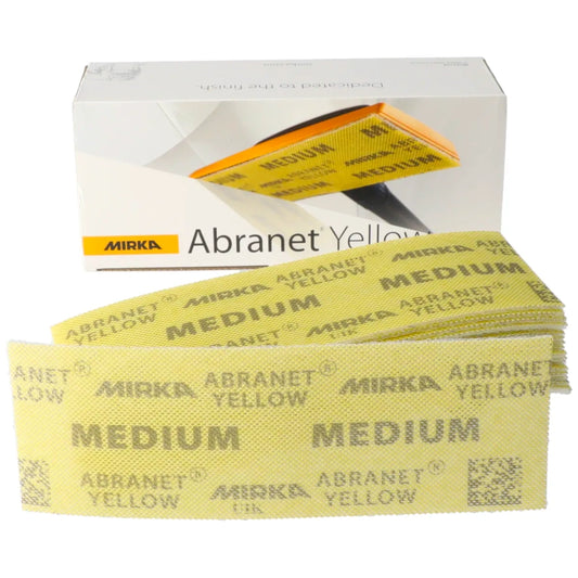 Mirka Abranet Yellow Schleifgitterstreifen 80x230 mm, Körnung medium neben Verpackung