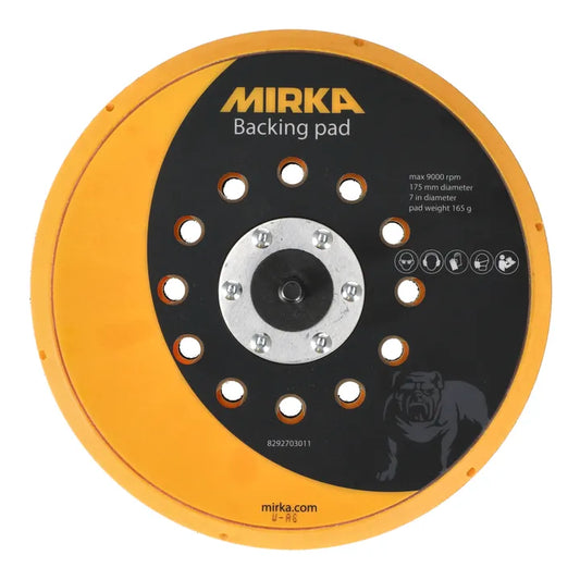 Mirka Schleifteller Net Ø 175 mm M9 mit 12 Bohrlöchern, orange-gelbe Ausführung, Hauptansicht.