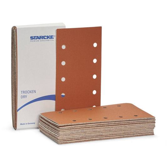 STARCKE Schleifstreifen 542 Korund 115x228mm mit Lochung, Packung und einzelne Streifen gestapelt