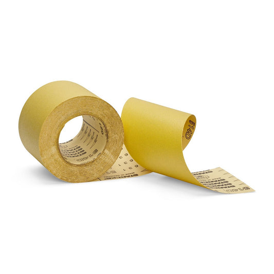 STARCKE 514 Schleifpapierrolle gelb, 115 mm breit, aufgerollt und abgewickelt dargestellt