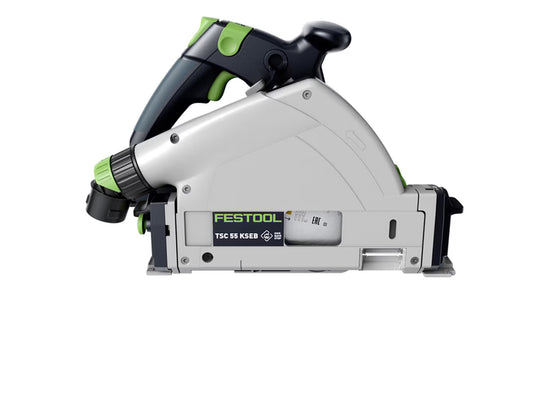 Festool Akku-Tauchsäge TSC 55 KSEB mit grünen Griffen und weißem Gehäuse, Seitenansicht
