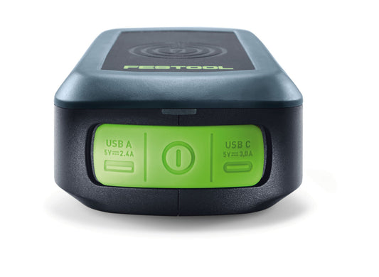 Festool PHC 18 Handy Ladestation Vorderansicht mit USB-A, USB-C und induktiver Ladefläche Qi-BPP
