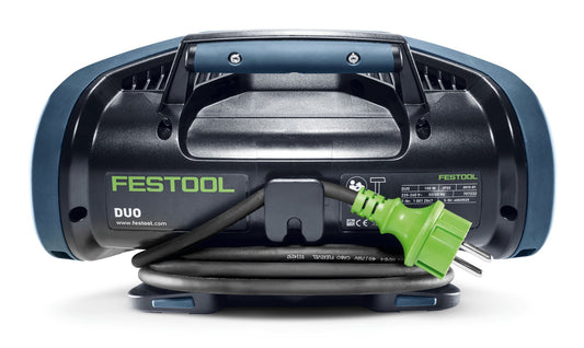 Festool SYSLITE DUO Baustrahler Rückansicht mit grünem Stromkabel und Griffbügel, LED-Leuchte mit 8000 Lumen