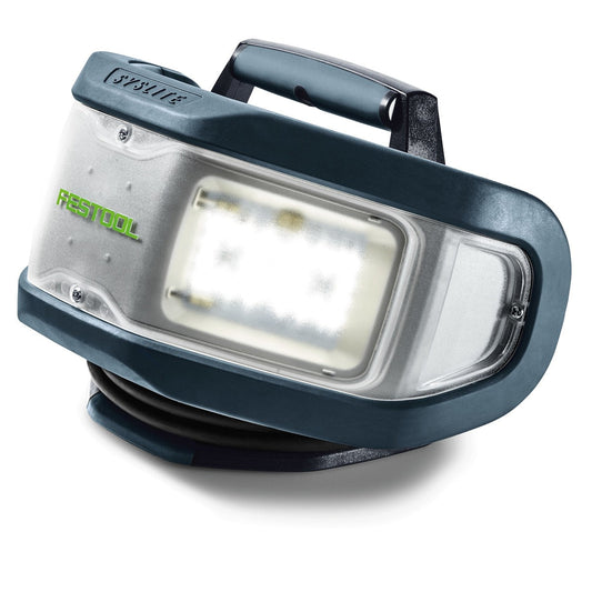 Festool SYSLITE DUO LED-Baustrahler mit graublauem Gehäuse, klarer Schutzlinse und ergonomischem Tragegriff von oben.