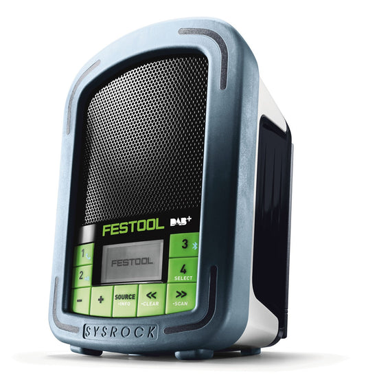 Festool SYSROCK BR 10 DAB+ Digitalradio mit grünen Bedientasten, LCD-Display und Lüftungsgitter für Baustelle und Werkstatt