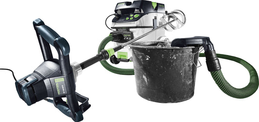 Festool Absaugung MX-A Absauganlage mit Rührwerk, Eimer und grünem Absaugschlauch in Systemansicht.