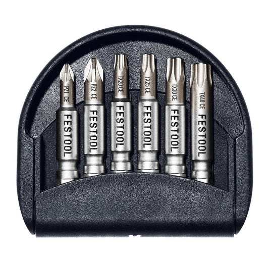 Festool CENTRO Bit-Set 1 mit 6 CENTROTEC Bits in schwarzem Bit Check, Draufsicht des Sortiments.