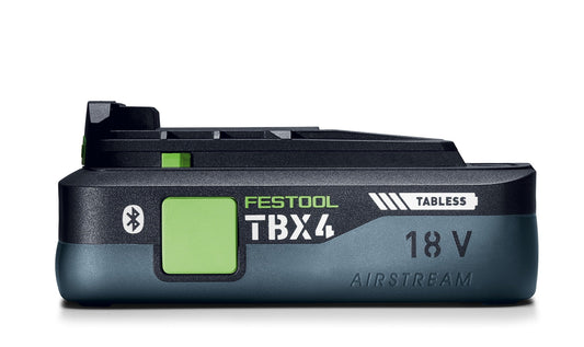 Festool Tabless Akkupack BP 18 TBX 4 C-ASI 18V mit Bluetooth, Seitenansicht, grüne LED-Anzeige und Softgrip.