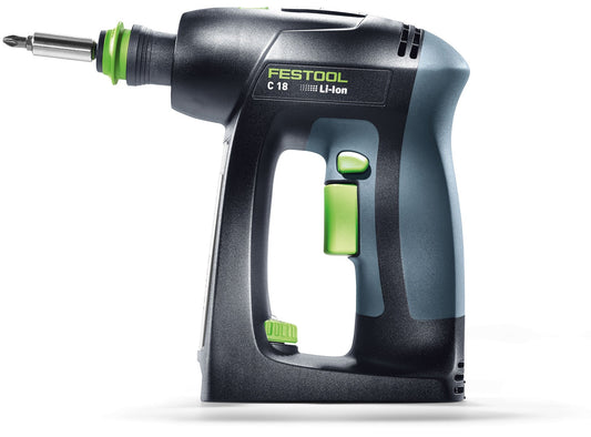 Festool C 18 Akku-Bohrschrauber mit CENTROTEC Schnellwechselsystem und grünen Bedienelementen, Seitenansicht.