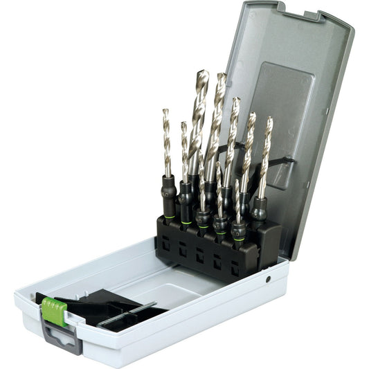 Festool Bohrerkassette HSS D3-10 CE/10 mit 10 Spiralbohrern in weißem Kunststoff-Systainer mit grünem Griff, geöffnet.