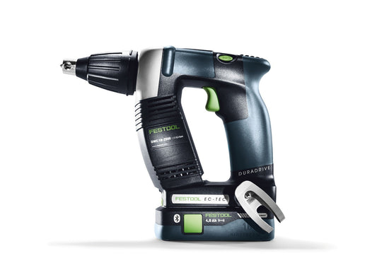Festool Akku-Bauschrauber DURADRIVE DWC 18-2500 mit EC-TEC Motor, grünem Trigger und Akku, Frontansicht.