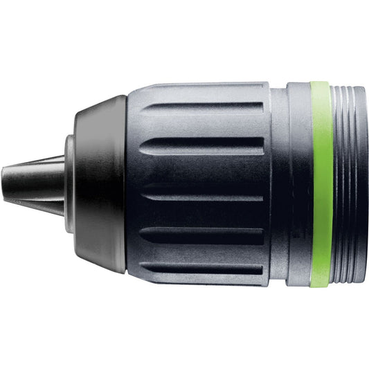 Festool Schnellspannbohrfutter KC 13 mit FastFix-Aufnahme, Frontansicht mit grünem Spannring und Hartmetall-Spannfasen