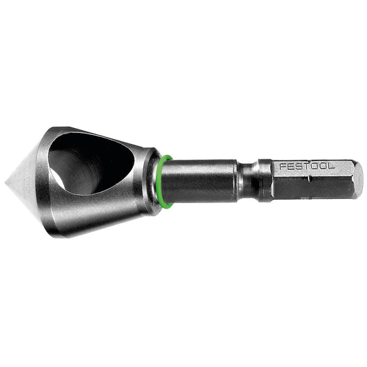 Festool Querlochsenker QLS CE mit Querlochbohrung und Spitze, Seitenansicht mit grünem Dichtring
