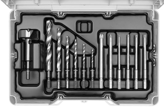 Festool Bit und Bohrer-Set SYS3 S 76 mit Hammerbohrern, Holzspiralbohrern, Forstnerbohrer und Bits im Systainer geöffnet.