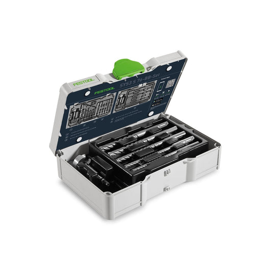Festool SYS3 S 76-BB-Set Bit und Bohrer-Set offen mit Hammerbohrern, Holzbohrern, Forstnerbohrer und 100mm Bits in Systainer.