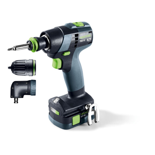 Festool TXS 12 Akku-Bohrschrauber mit Schnellwechsel-Bohrfutter, Winkelbohraufsatz und 2,5 Ah Akku.