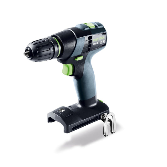 Festool TXS 18-Basic Akku-Bohrschrauber mit Akkuständer, kompakte T-Form mit grünen Griffen und Bedienelemente.