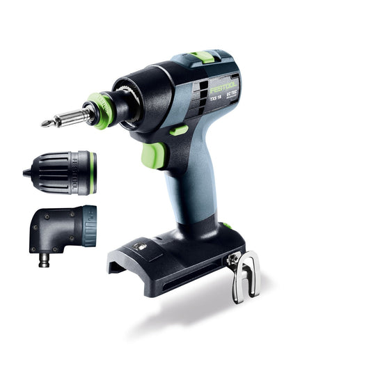 Festool TXS 18 Akku-Bohrschrauber in T-Form mit Akkufutter, Winkelkopf und CENTROTEC Werkzeugfutter im Set.
