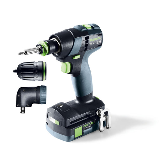 Festool TXS 18 C Akku-Bohrschrauber mit FastFix-Schnittstelle, CENTROTEC-Aufsätzen und 3,0 Ah Akkupack im Lieferumfang.
