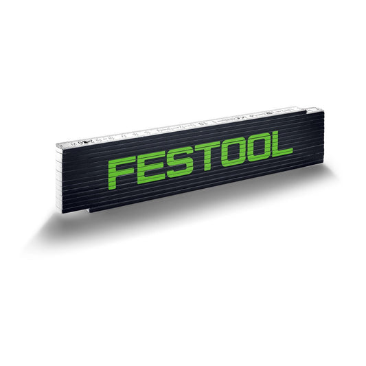 Festool Meterstab Holzgliedermaßstab mit dunkelblauem Korpus und grüner Schrift, aufgeklappt