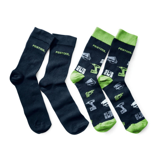 Festool Socken 2er-Set, dunkelblau und schwarz-grün gemustert mit Werkzeug-Motiven, Baumwollmix