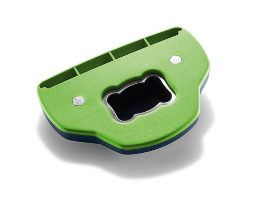 Festool Flaschenöffner BTTL-FT1 mit T-LOC Design, grün mit dunkelblauer Unterseite, Magnete sichtbar.