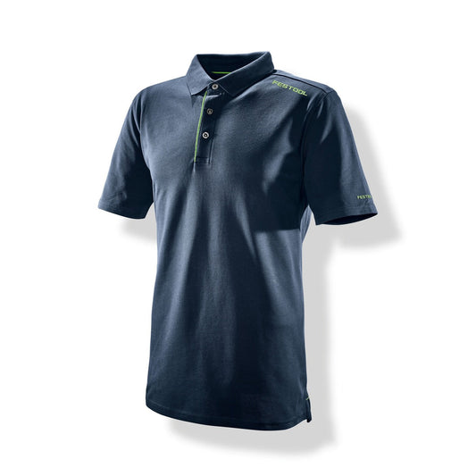 Festool Poloshirt Dunkelblau mit grünen Details, Vorderansicht mit Polokragen und Logodruck