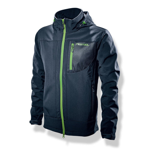 Festool Softshell-Jacke SOJ-FT1 in Dunkelblau mit grünen Details, wasserdicht, Vorderansicht.