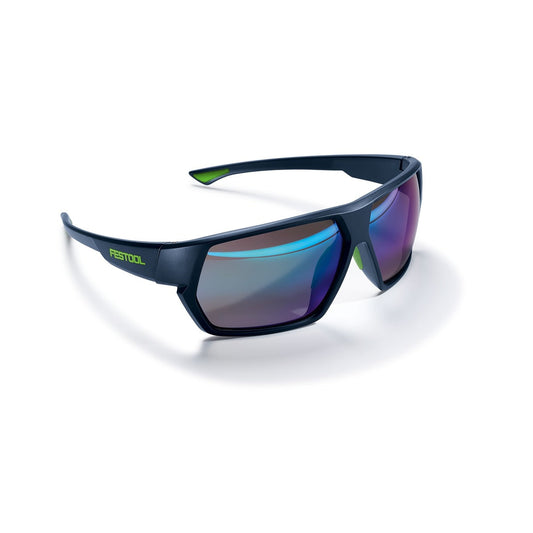 Festool UVEX SUN-FT2 Sonnenbrille mit dunkelblauem Rahmen, grünen Details und verspiegelten Gläsern