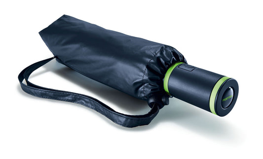 Festool Taschenschirm UMB-FT mit Windproof-System in Nylontasche, geöffnet mit grünen Akzenten.