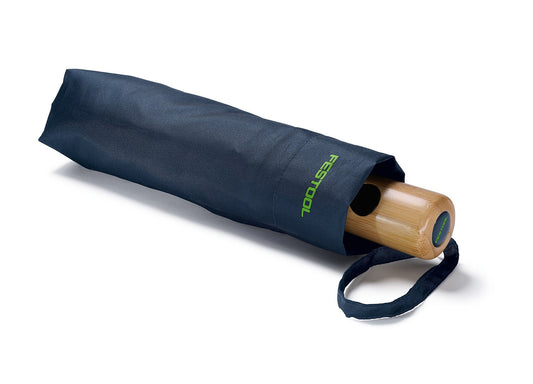 Festool Taschenschirm UMB-FT2 mit Bambusgriff, dunkelblau, kompakte Ausführung geschlossen