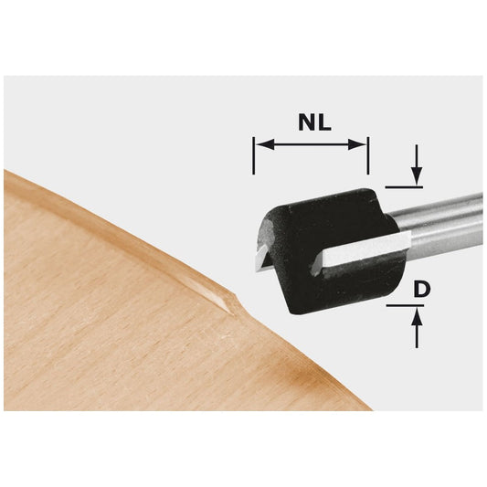 Festool Bündigfräser HW D 19/16 S8 mit Abmessungen NL und D an Holzwerkstück