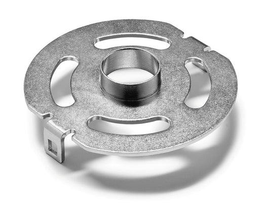 Festool Kopierring für Oberfräsen, metallisch, mit Zentrierring und Befestigungselementen, Draufsicht.
