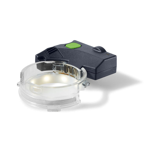 Festool Lichtmodul LM-OF 1010 R mit LED-Lichtring und abnehmbarer Akku-Einheit mit grünem Schalter