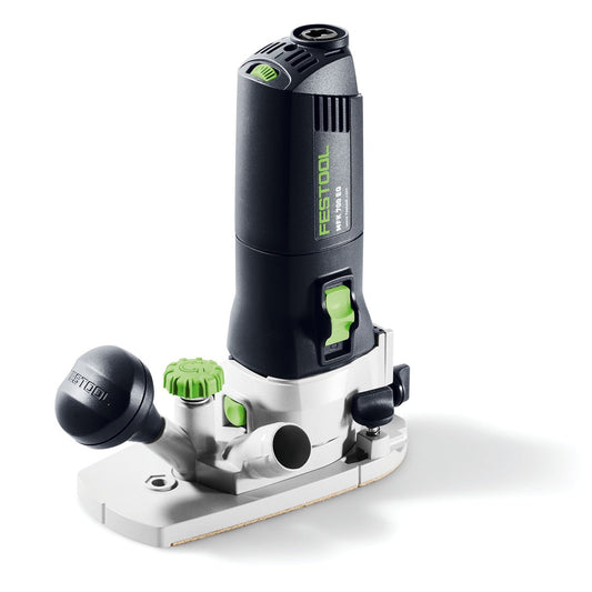Festool MFK 700 EQ-Plus Kantenfräse mit modularen Frästischen und Zubehör in Ansicht.