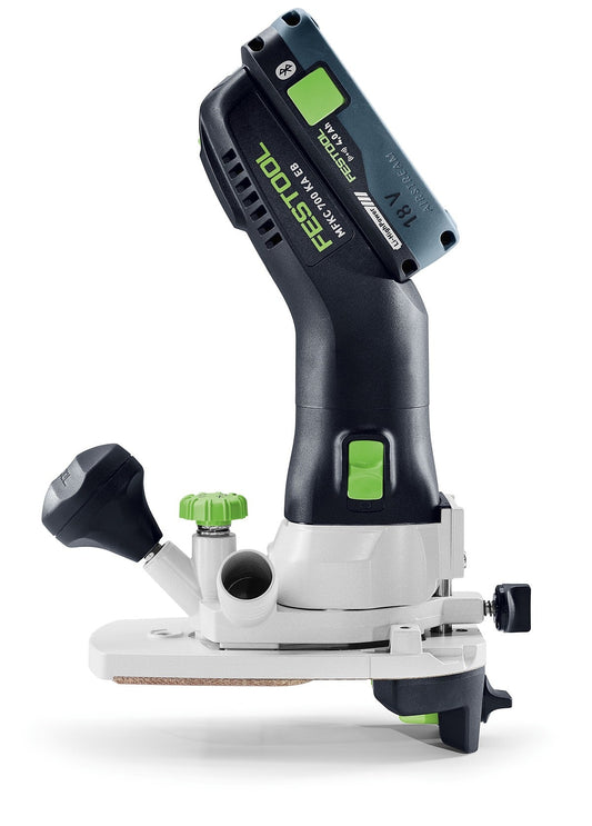 Festool Akku-Modul-Kantenfräse MFKC 700 KA EB-Basic mit Frästisch und Bedienelementen, Gesamtansicht.