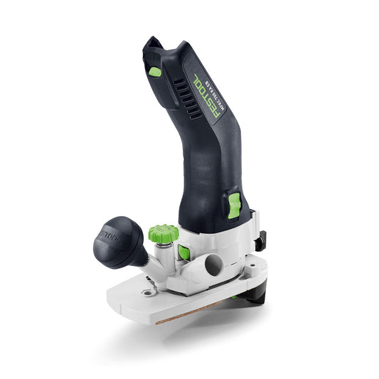 Festool Akku-Modul-Kantenfräse MFKC 700 KA EB-Basic mit schwarzem Griff und weißer Basis, Frontalansicht.