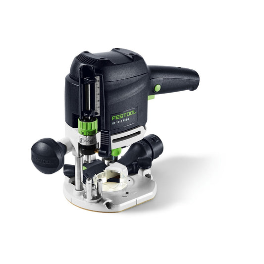 Festool Oberfräse OF 1010 REBQ mit weißer Grundplatte, schwarzem Motor, grünen Griffen und LED-Lichtring in Frontansicht.