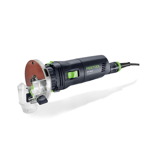 Festool OFK 500 Q-Plus R3 Kantenfräse mit transparenter Absaughaube und rotem Schleifteller
