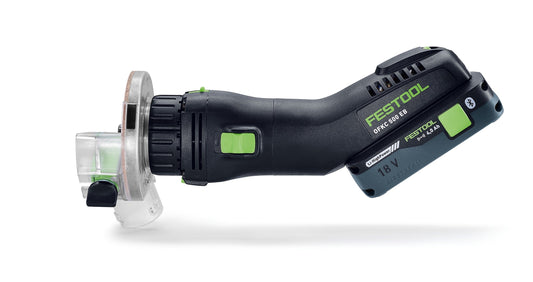 Festool Akku-Kantenfräse OFKC 500 EB mit 18V Akku, transparenter Absaughaube und Schleifteller