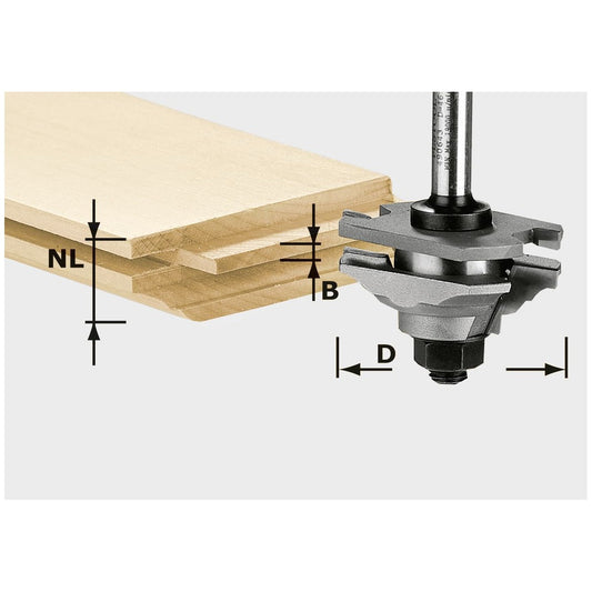 Festool Profil-Federfräser HW S8 D46 x D12-FD mit Maßangaben beim Fräsen von Konterprofilen an Holzrahmen