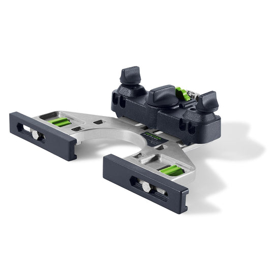 Festool Seitenanschlag mit Feineinstellung, schwarze Führungsbacken und grüne Libellen zur Parallelführung an der Oberfräse.