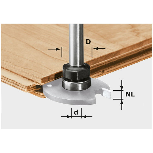 Festool Frässpindel S8 mit Scheibenfräser an Holzwerkstück, Technische Skizze mit Abmessungen D, d, NL.