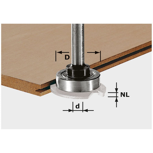 Festool Frässpindel S8 1,5-5 KL28 mit Scheibenfräser an Holzwerkstück, Maßangaben D, d, NL