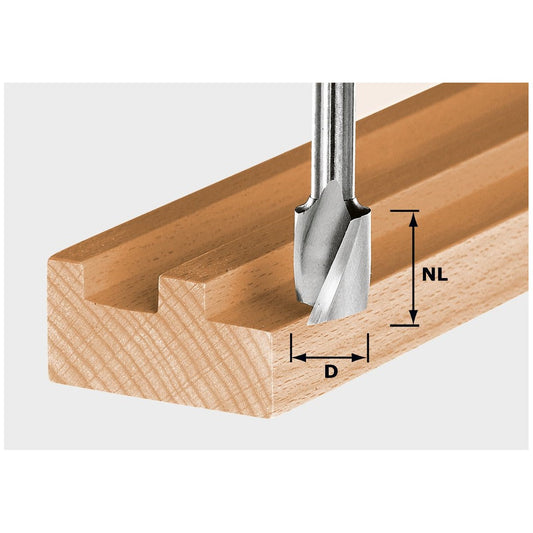 Festool Spiralnutfräser HS beim Fräsen einer Nut in Massivholz mit Dimensionsangaben D und NL